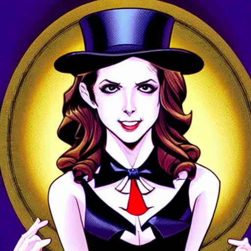 Image similar to beautiful Anna Kendrick Zatanna DC Comics on stage, wearing a top hat, symmetrical face symmetrical eyes, beautiful smile, intricate details, atmospheric, art by eiichiro oda, artgerm, Joshua Middleton art