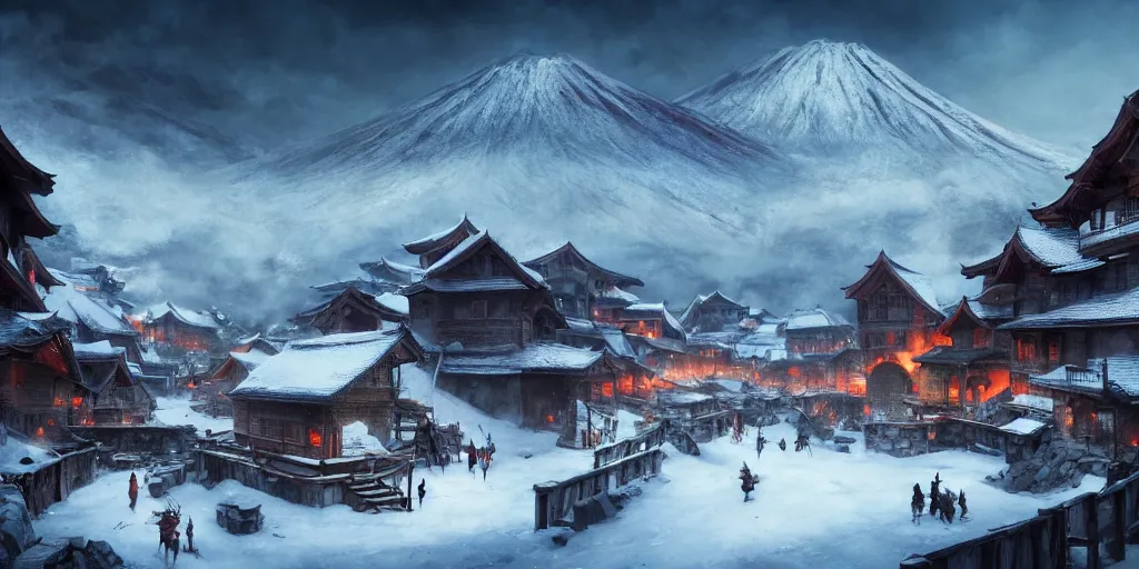 Prompt: eastern style snow covered village in the mountains with hot springs, volcano at the background. in style of greg rutkowski and hyung - tae kim, trending on artstation, dark fantasy, great composition, concept art, highly detailed, dynamic pose, vibrant colours, epic, 8 k.