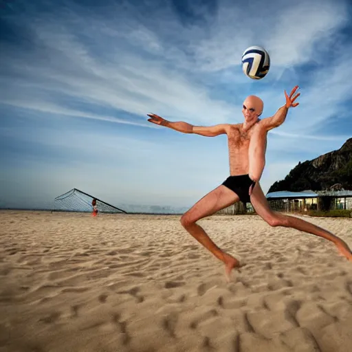 Prompt: portrait of nosferatu playing beach volley, sport photography