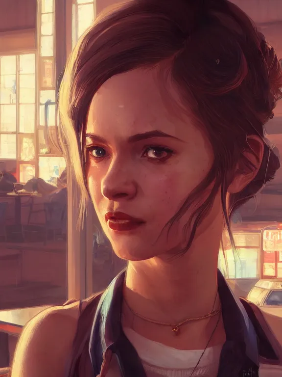 Image similar to portrait of a young female waitress from grand theft auto 5, art by ryo shiotani and greg rutkowski, intricate, beautiful, cute, cinematic lighting, vintage art by serge ivanoff, high resolution, very detailed