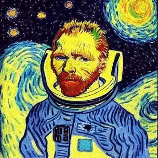 Image similar to Astronaut Lonely in the Galaxy - a painting by Van Gogh. very beautiful, HD detailed. Sad lighting, miserable emotions. The Astronaut is lost in the Galaxy.