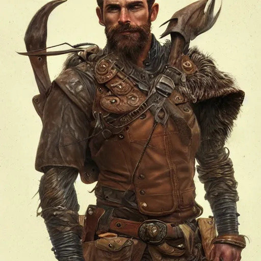 Image similar to portrait of a rugged ranger, coherent hands, handsome, muscular, full body, leather, hairy torso, d & d, fantasy, intricate, elegant, highly detailed, digital painting, artstation, concept art, smooth, sharp focus, illustration, art by artgerm and greg rutkowski and alphonse mucha