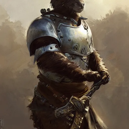 Image similar to portrait of warrior otter, shiny armor, by lindsey kustusch, anders zorn, greg rutkowski.