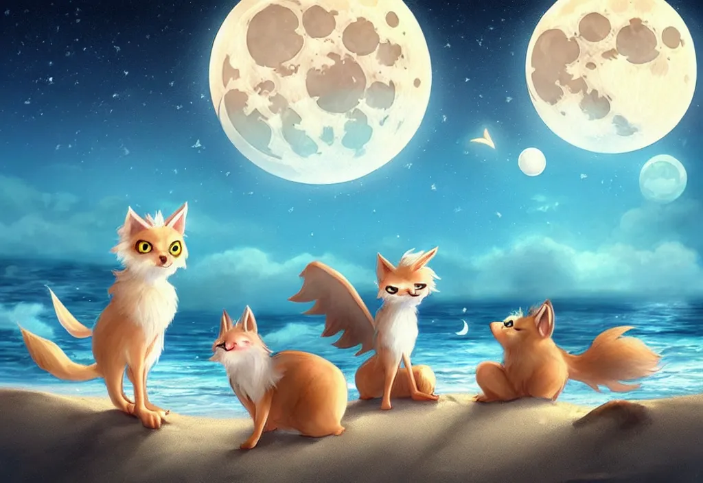 Prompt: cute magical fantasy animals at a beach looking at the moon, realistic, concept art, highly detailed