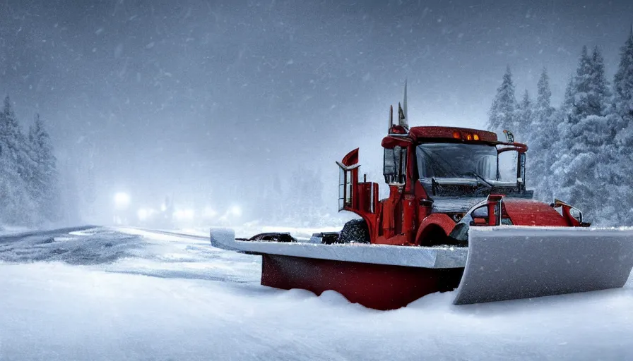 Image similar to A Snowplow!! clearing a beautiful snowy landscape. A blizzard and heavy snow falls. Fog and mist, highly detailed, concept art, digital art, 4k, high snow