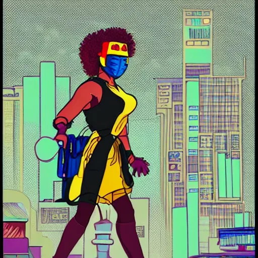 Prompt: afrofuturist woman walking down the busy street wearing gold jewelry and a goli mask, cyberpunk, far shot, 1970s comic art style