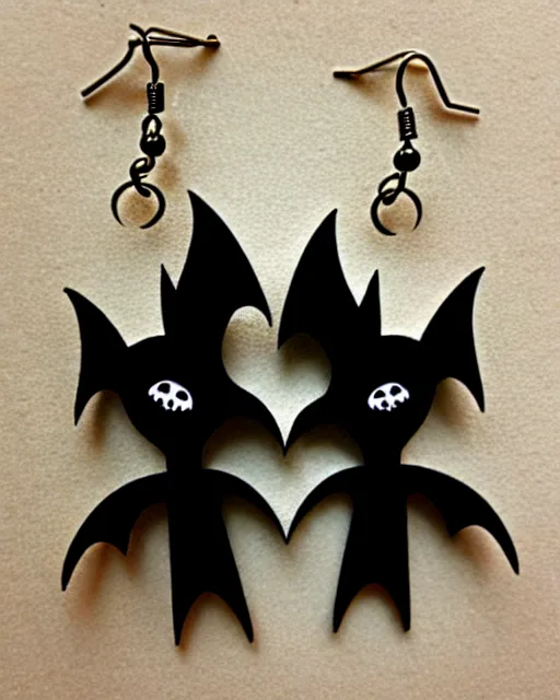 Image similar to spooky cartoon bat, 2 d lasercut earrings, in the style of tim burton