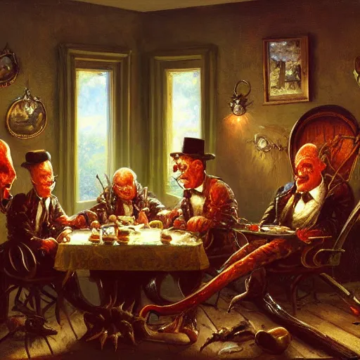 Image similar to 4 shoggoths eat dinner around a dinner table Americana Thomas Kincade