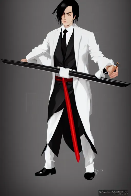 Image similar to man with black hair in a white suit and a red tie wielding a katana, concept art, 8 k, trending on deviant art.