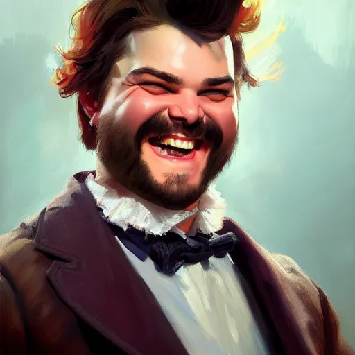 Image similar to portrait painting of a jack black age 2 5, bright and energetic, with a sweet smile and coiffed hair, render cinematic lighting art 1 9 2 0 period drama by bussiere rutkowski andreas rocha