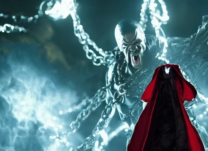 Image similar to film still of jamie foxx as spawn in the new spawn movie, giant chains, large cape, 8 k