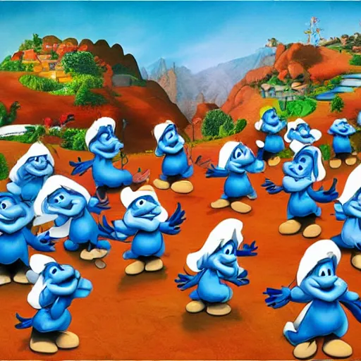 Image similar to the smurf village, artwork by disney