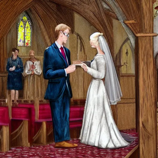 Prompt: a blonde haired woman and a brunette haired man getting married at a chapel, high detail, 4 k uhd, 8 k, great detail, very detailed