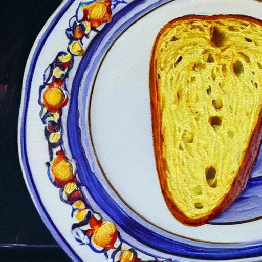 Prompt: oil painting of a slice of garlic bread on an ornate italian ceramic plate on an oak table