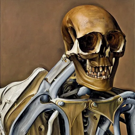 Prompt: high quality high detail painting by lucian freud, hd, woman with mech skeleton
