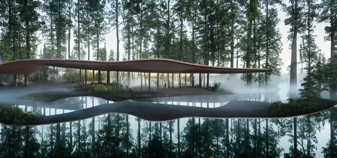 Image similar to curved roof planes lift and descend creating shade and architectural expression, highly detailed, situated in the forest, next to a highly reflective lake, marble, vivid color, high resolution photography, mist, luxury