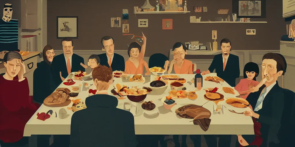 Image similar to A family lunch in the style of David Lynch, by Wes Anderson, concept art, arstation