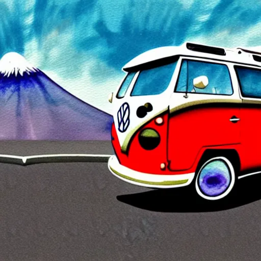 Image similar to a fisheye perspective caricature watercolor painting of a vw volkswagen bus, camper, bulli, type - 2, microbus, kombi, flying towards the camera, jumping at the viewer, dynamic action shot, fish eye lense, frontal, a dramatically erupting vulcano is seen in the background