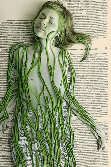 Image similar to “ very photorealistic photo of vines growing out of a woman ’ s book as she sleeps, award - winning details ”