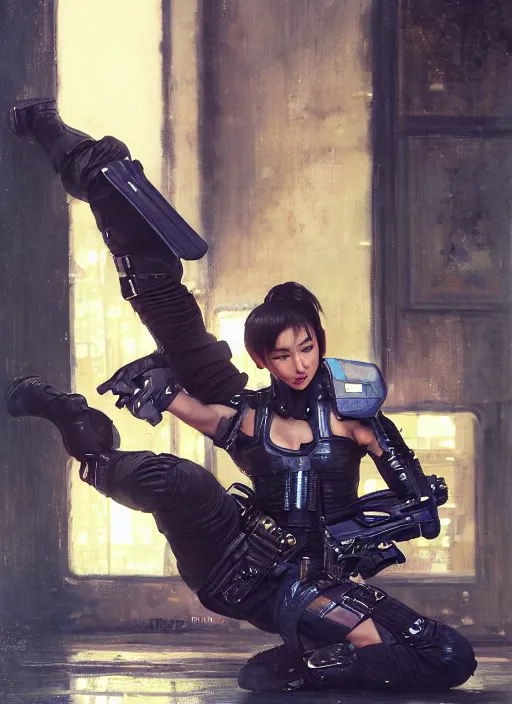 Prompt: chun li doing backflip. cyberpunk police trooper in a military vest ( blade runner 2 0 4 9, cyberpunk 2 0 7 7 ). orientalist portrait by john william waterhouse and james gurney and theodore ralli and nasreddine dinet, oil on canvas. cinematic, hyper realism, realistic proportions, dramatic lighting, high detail 4 k