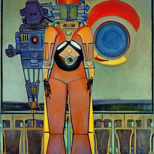 Image similar to the crow in her robot mask stands on the lawn, by annie swynnerton and kit williams and diego rivera and leo and diane dillon and nicholas roerich, symbolist, dramatic lighting, elaborate geometric ornament, art brut, god rays, soft cool colors, smooth, sharp focus, extremely detailed, adolf wolfli