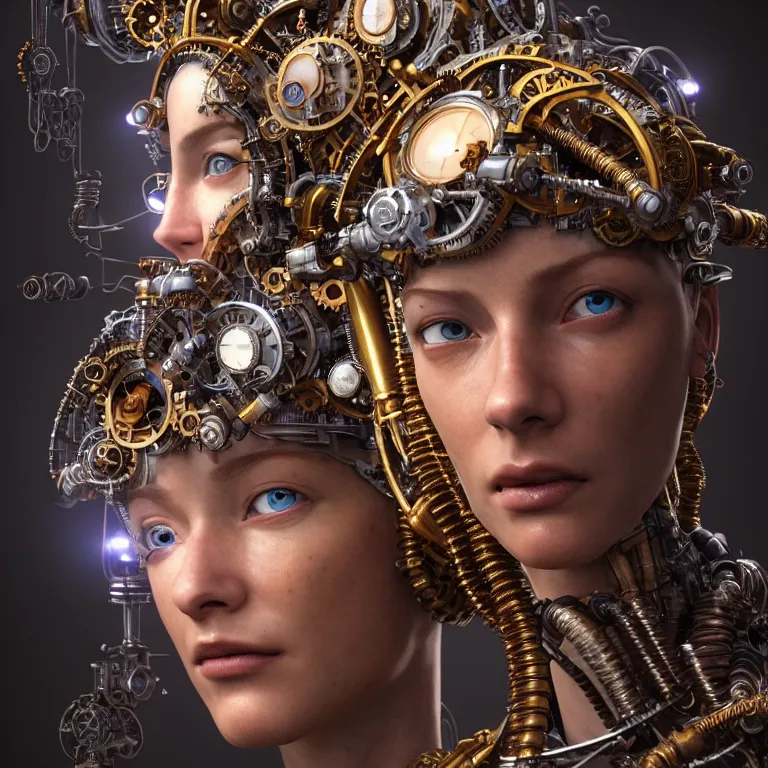 Image similar to hyperrealistic mixed media portrait of a beautiful mechanical steampunk woman, stunning 3d render inspired art by P. Craig Russell and Barry Windsor-Smith + perfect facial symmetry + dim volumetric lighting, 8k octane beautifully detailed render, post-processing, extremely hyperdetailed, intricate futuristic mechanic parts, epic composition, grim yet sparkling atmosphere, cinematic lighting + masterpiece, trending on artstation