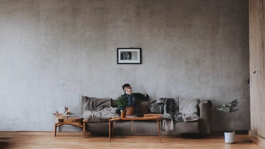 Image similar to dslr photograph of a living room, wooden floor, concrete wall