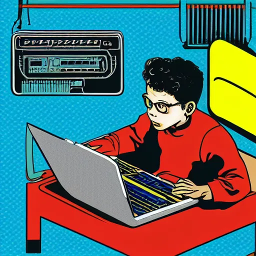 Image similar to illustration of a boy connected to his laptop with wires, highly detailed, by butcher billy