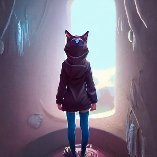 Prompt: very small little girl in a cat hoodie by ross tran, walking in a castle painted by sana takeda, rtx reflections, very high intricate details, digital anime art by artgerm, medium shot, mid - shot, composition by ilya kuvshinov, lighting by greg rutkowski