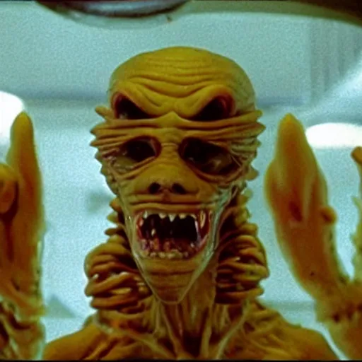 Prompt: a scary filmic wide shot color ground level angle movie still 35mm film photograph of the full body of a dangerous shape shifting alien creature, with multiple mutated snarling drooling human faces with a grotesque variety of human and animal limbs protruding from its lower torso inside a lab, in the style of nature documentary footage, The Thing 1982