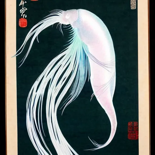 Image similar to a graceful iridescent white betta fish with long swirling fins, black-water-background, traditional Chinese painting