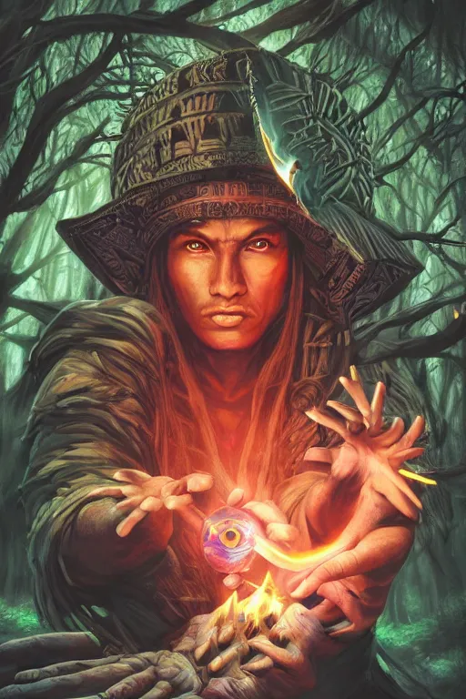 Image similar to an aztec sorcerer casting a powerful spell in a dark forest, by artgerm, ultra hd, hd, 4 k, highly detailed, small details, vaporwave colors, faded effect, 9 0 s vibe, detailed face, perfect face,