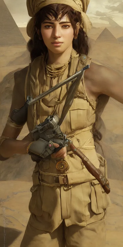 Prompt: egyptian female ranger, masterpiece by edgar maxence and ross tran and michael whelan, gustav dore, 8 k, octane render