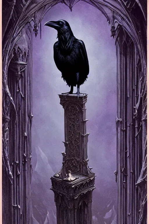 Prompt: raven perched on a statue of beautiful woman in a dark gothic room, full frame, by wayne barlowe, peter mohrbacher, kelly mckernan, james o barr