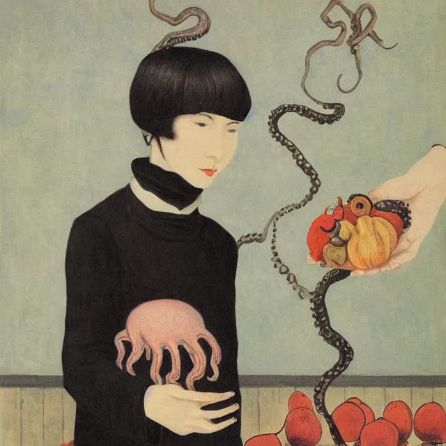 Prompt: tall emo girl artist holding an octopus, in odawara, books, small portraits, gourds, berries, pigs, acrylic on canvas, surrealist, by magritte and monet