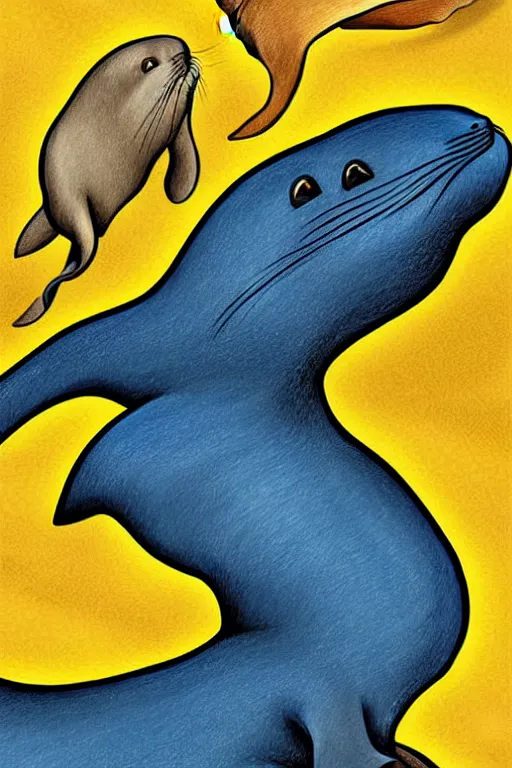 Prompt: illustration for a story that reads : sleek sea lions, with their long whiskers and flippers, are very clever, as you will see. they can use a brush to paint, just like an artist, on a piece of slate., colorful, fantasy, pixar, childrens book cover, high detail illustration, sharp high detail, manga and anime ( 5 )