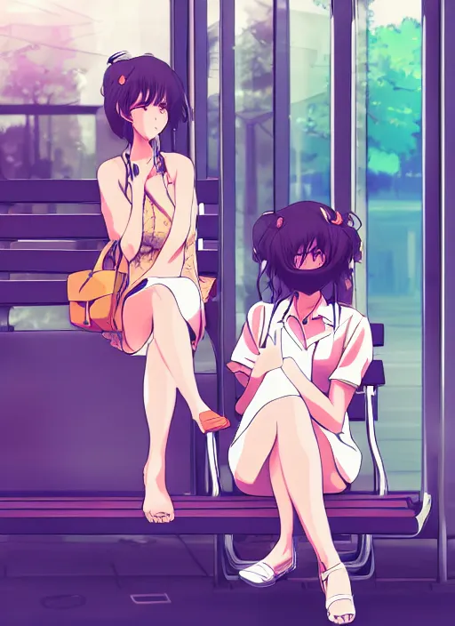 Image similar to two beautiful mature women waiting at a bus stop, summer clothes, gorgeous faces, thick lines, cinematic lighting, detailed anime art