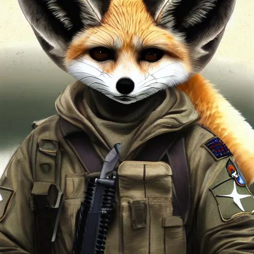 Prompt: face view of a fluffy fennec fox dressed in a modern american military soldier uniform, in apocalyptic wasteland, portrait, artstation