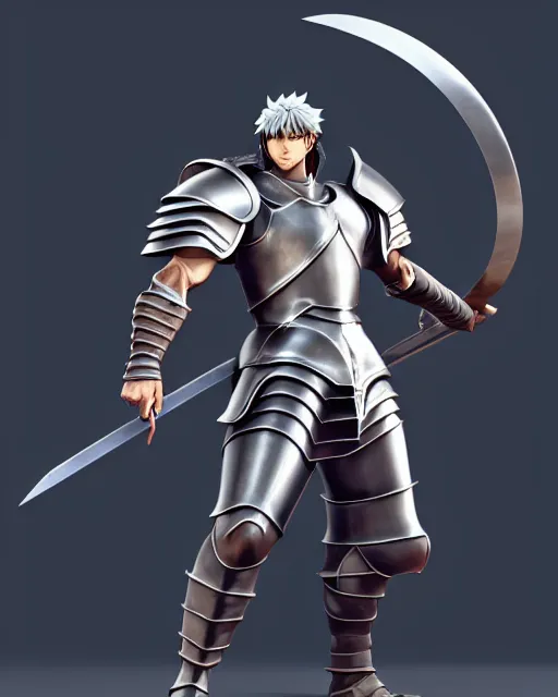 Image similar to strong muscular warrior with a greatsword and fully clad in plate armor, dramatic action pose, square masculine facial features, short messy hair, 3 d octane render, unreal engine 5, ultra high detail, cel shaded, trending on pixiv fanbox, by greg rutkowski makoto shinkai takashi takeuchi studio ghibli, akihiko yoshida