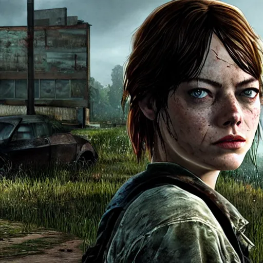 Image similar to emma stone in the last of us, apocalyptic background