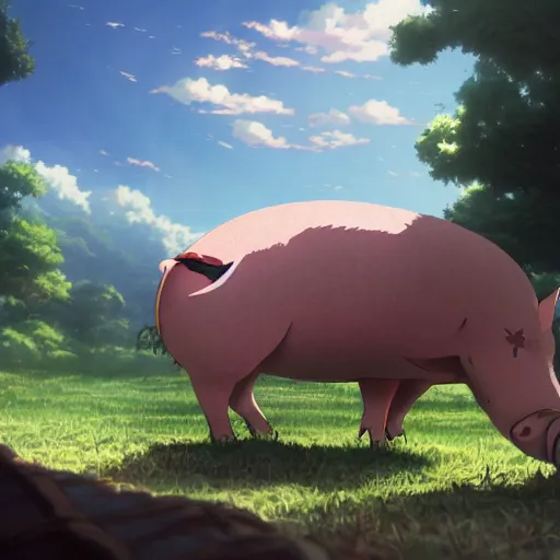 Image similar to giant pig eating everybody, highly detailed, 4k resolution, lighting, anime scenery by Makoto shinkai