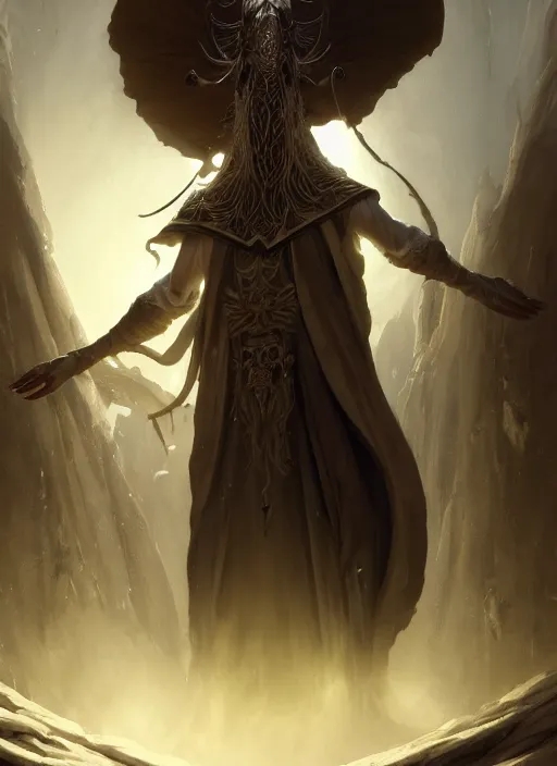 Image similar to slender high priest with dark and white and robe with golden elements, subsurface scattering, by jesper ejsing, justin gerard, tomasz alen kopera, cgsociety and fenghua zhong, highly detailed, rim light, cinematic lighting, illustration, art, octane render, very coherent, cinematic, hyper realism, high detail, octane render, 8 k