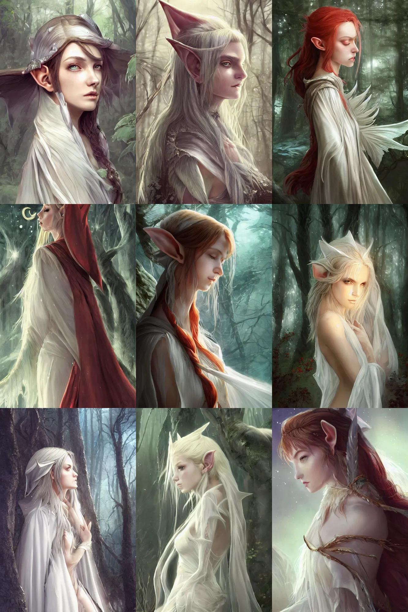 Prompt: side portrait close-up high-fantasy elf girl with detailed pointed sharp long ears, translucent off-white gown and cloak, fantasy forest landscape, moonshine, fantasy magic, feathery red hair, dark light night, intricate, elegant, sharp focus, illustration, highly detailed, digital painting, concept art, matte, art by WLOP and Artgerm and Greg Rutkowski and Alphonse Mucha, masterpiece