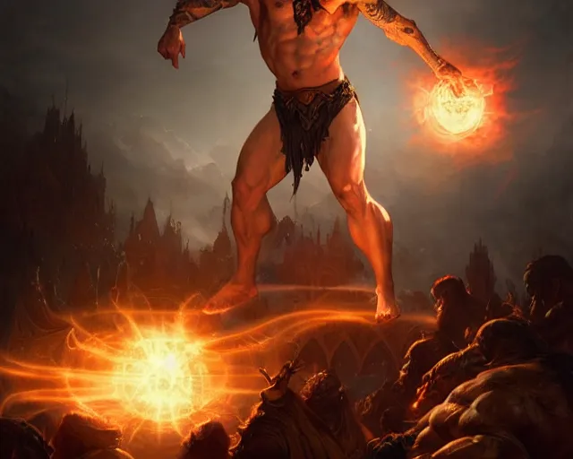 Image similar to handsome tattooed gym bro cleric radiant explosion magic spell vfx, diagonal spell vfx, fantasy game spell, fantasy epic digital art, by greg rutkowski, gaston bussiere, craig mullins, j. c. leyendecker, tom of finland