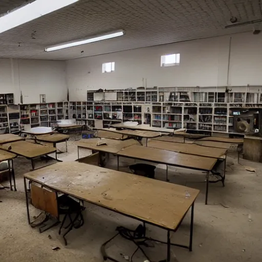 Image similar to wide angle shot of an abandoned computer lab from the 1 9 5 0 s