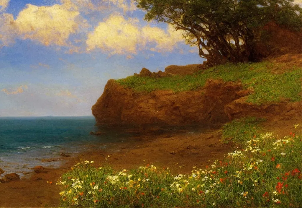 Prompt: a rugged seascape painting of a remote beach, perfect spring day with beautiful white clouds, colorful wildflowers, painting by albert bierstadt, early morning light