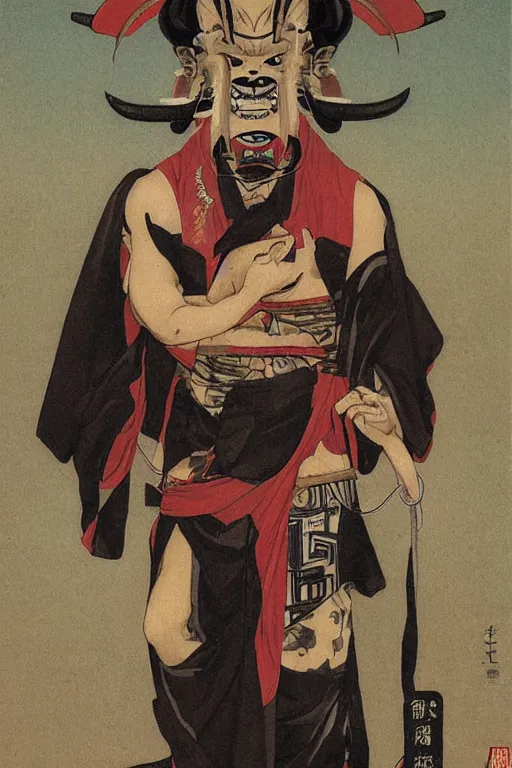 Image similar to portrait of a a fashionable ancient japanese demon oni wearing a cyberpunk bosozoku outfit, by bouguereau