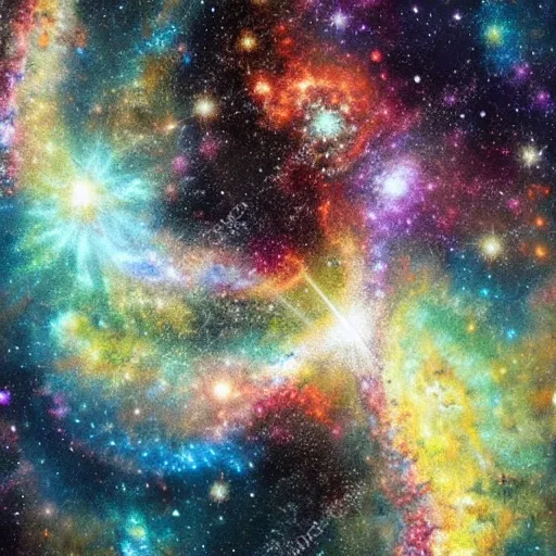 Prompt: a beautiful painting of the birth of a galaxy with shooting stars and breathtaking nebulas, fractal art highly detailed