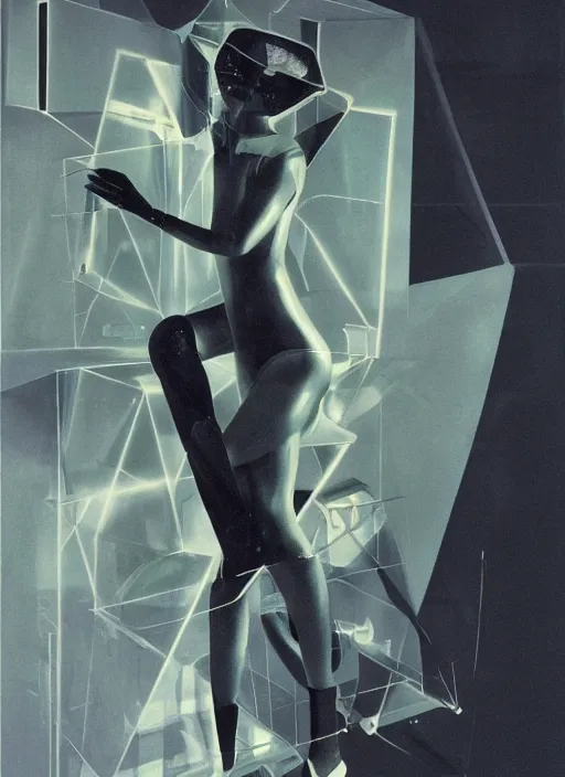 Image similar to futuristic fine lasers tracing, data visualization, cyberpunk bodysuit, tesseract, laserpunk, blindfold pyramid visor, rain, wet, oiled, sweat, girl pinup, by steven meisel, james jean and rolf armstrong, geometric cubist perfect geometry abstract acrylic and hyperrealism photorealistic airbrush collage painting with monochrome and neon fluorescent colors, 1 9 8 0 s eros