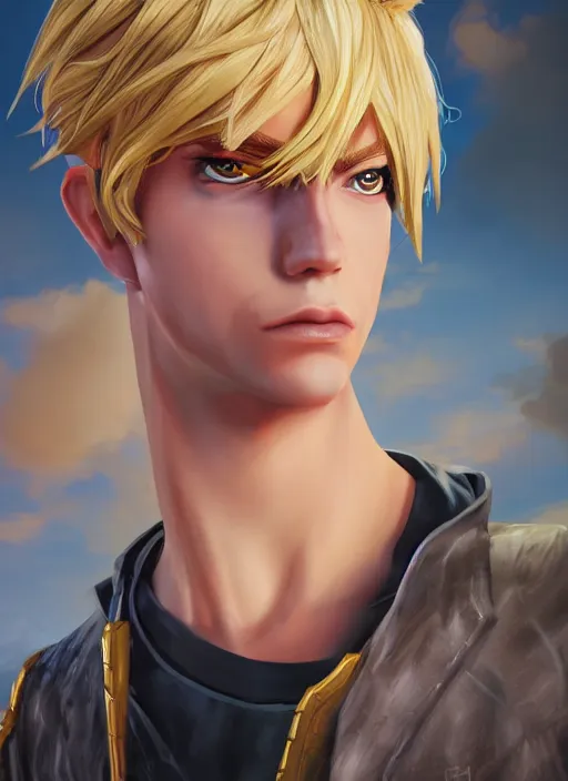Image similar to An epic fantasy comic book style portrait painting of boy fantasy thief with blonde hair yu-gi-oh style , unreal 5, DAZ, hyperrealistic, octane render, cosplay, RPG portrait, dynamic lighting
